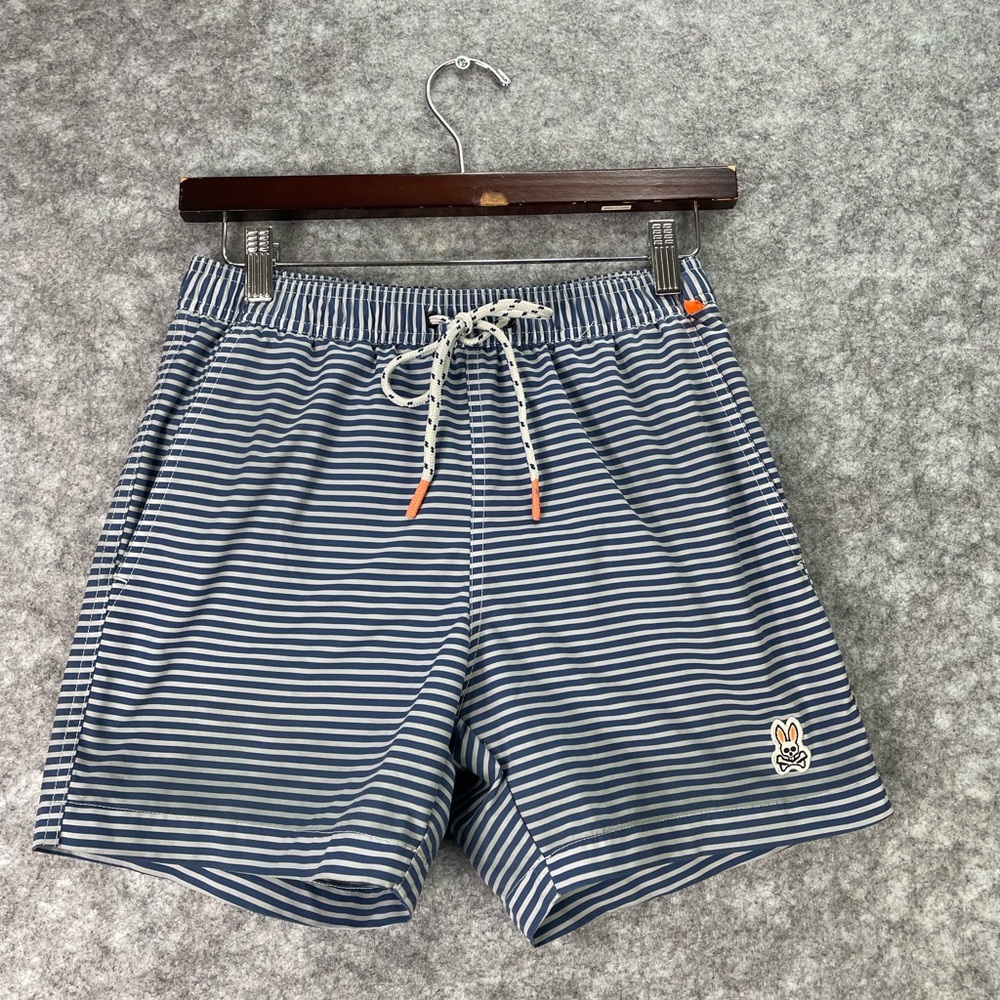 Psycho Bunny Blue and White Striped Swim Trunks